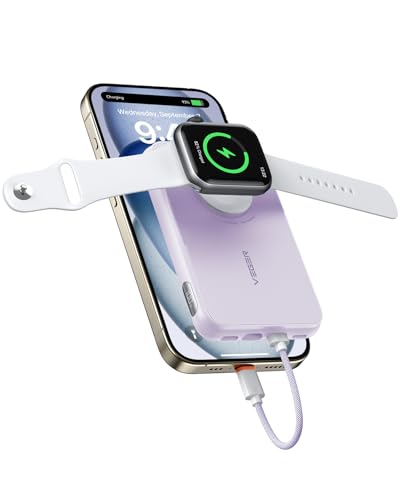 VEGER Power Bank Mini 20W PD,Powerbank 10000mAh mit integriertem USB-C und Apple Kabel, mit Apple Watch und USB C Laden, Externe Akku mit Led kompatibel mit iPhone, Apple Watch(8-1), USB C Handy(Lila von VEGER