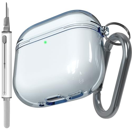 Transparente blaue Hülle kompatibel mit AirPods 4 mit aktiver Geräuschunterdrückung, Anti-Vergilbung, klare blaue Hülle mit Schlüsselanhänger und Reinigungsset von VEIRRW