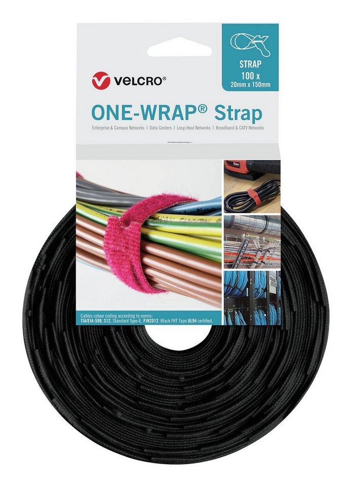 VELCRO Kabelbinder (100 Stück) Klettkabelbinder One Wrap Strap 20 x 200 mm, schwarz von VELCRO
