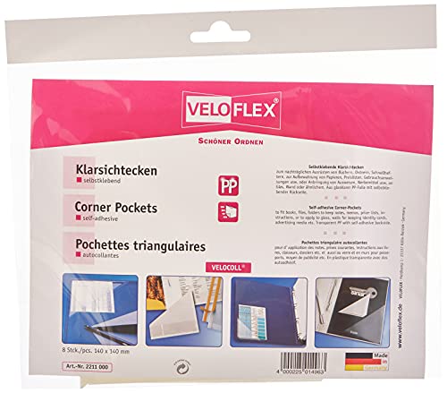 VELOFLEX 2211000 - Dreiecktaschen VELOCOLL Einstecktaschen Klebeecken PP-Folie, 14 x 14 cm, selbstklebend, 8 Stück von VELOFLEX