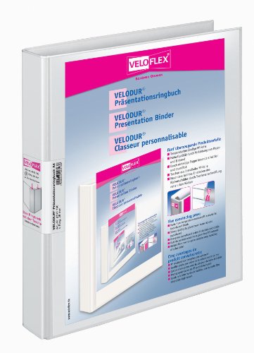 VELOFLEX 4143190 - Präsentationsringbuch „Velodur“ DIN A4, 4-D-Ring-Mechanik, 25 mm breit, mit breiter Rückentaschen, weiß von VELOFLEX
