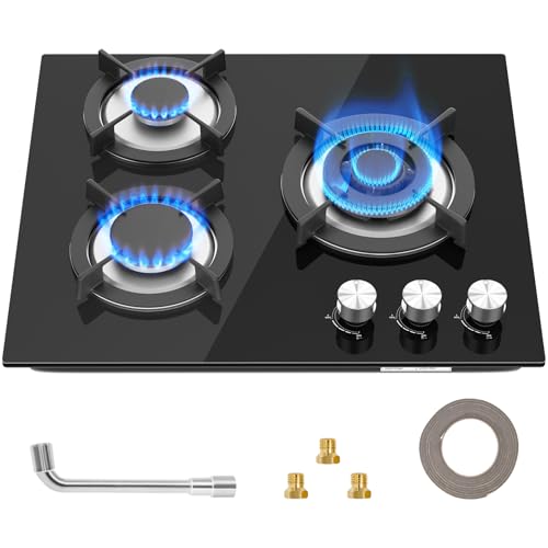 Gaskochfeld 3 Flammig,Automatischer Thermoelementschutz,Gas Einbau Autark Gaskochfeld mit,60cm Glas Gaskochfeld,3 Zonen Erdgas(20mbr)/Propangas(30/50 mbr) Up to 7750W von VELPAX