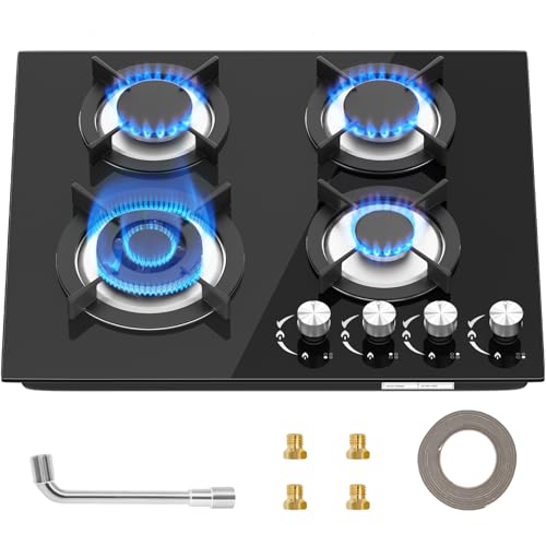 Gaskochfeld 4 Flammig,Automatischer Thermoelementschutz,Gas Einbau Autark Gaskochfeld mit,64cm Glas Gaskochfeld,4 Zonen Erdgas(20mbr)/Propangas(30/50 mbr) Up to 8750W von VELPAX