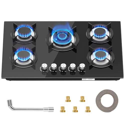 Gaskochfeld 5 Flammig,Automatischer Thermoelementschutz,Gas Einbau Autark Gaskochfeld mit,77cm Glas Gaskochfeld,5 Zonen Erdgas(20mbr)/Propangas(30/50 mbr) Up to 10500W von VELPAX