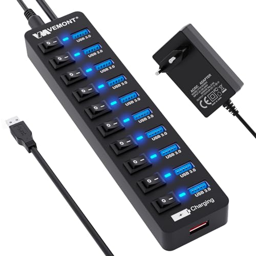 USB Hub Aktiv 3.0 mit Netzteil, VEMONT 11 Ports USB Verteiler (10*USB 3 Hub,1 Intelligenter Charging Port)mit 12V/3A Netzteil,USB Splitter mit Individuellen Schalter & 1,2m Langes Kabel für PC/Laptop von VEMONT