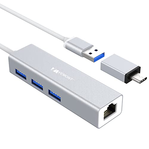 USB LAN Adapter,VEMONT USB Ethernet Adapter,Aluminium USB Hub USB Netzwerkadapter mit 3 USB 3.0 Ports, USB zu RJ45 Gigabit Ethernet mit USB C Adapter für MacBook,Chromebook,Ultrabooks,PC,Laptop von VEMONT