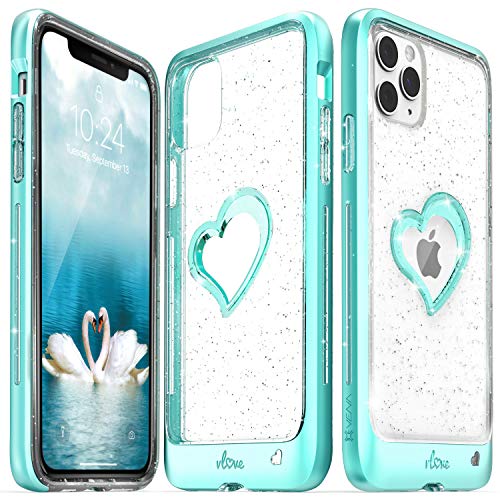 VENA iPhone 11 Pro Max Hülle Glitzer, vLove (Heart Shape, CornerGuard Protection) Bling Schutzhülle Dual Layer Bumper Case Cover für Apple iPhone 11 Pro Max (6.5"-inch) - Blaugrün von VENA