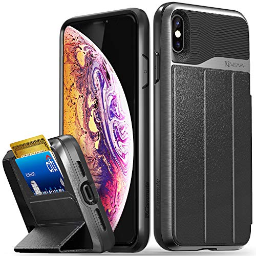 VENA iPhone XS Max Hülle, vCommute (Military Grade, Kartenfach) HandyHülle mit Standfunktion, Leder Flip Brieftasche Etui Schutzhülle für Apple iPhone XS Max (6.5"-inch) - Grau von VENA