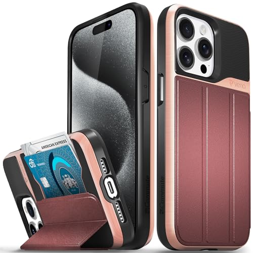 VENA vCommute Brieftaschen-Schutzhülle, kompatibel mit Apple iPhone 15 Pro Max (6,7 Zoll), Fallschutz in Militärqualität, Klappetui, Kartenschlitz, Halter mit Ständer, Roségold/Rot von VENA
