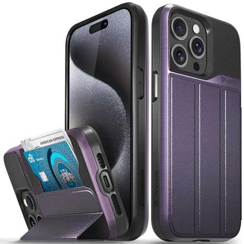 VENA vCommute Brieftaschen-Schutzhülle, kompatibel mit Apple iPhone 15 Pro Max (6,7 Zoll), Fallschutz in Militärqualität, Klapphülle, Leder, Kartenschlitz-Halter mit Ständer, Dunkelviolett von VENA