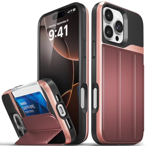 VENA vCommute Brieftaschen-Schutzhülle, kompatibel mit Apple iPhone 16 Pro Max (6,9 Zoll), Fallschutz in Militärqualität, Klappetui, Kartenschlitz, Halter mit Ständer, Roségold/Rot von VENA