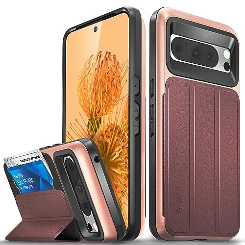 VENA vCommute Brieftaschen-Hülle, kompatibel mit Google Pixel 8 Pro (2023), [Fallschutz in Militärqualität], Lederhülle, Kartenschlitz-Halter mit Ständer, Roségold von VENA