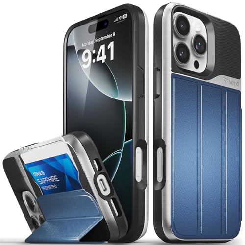VENA vCommute Wallet Case Kompatibel mit Apple iPhone 16 Pro Max (6,9 Zoll), [Fallschutz in Militärqualität] Flip Leder Cover Kartensteckplatz Halter mit Kickstand - Silber/Blau von VENA
