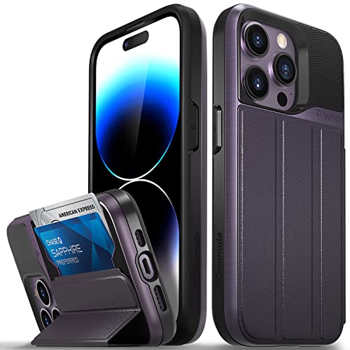 VENA vCommute Wallet Case für Apple iPhone 14 Pro (6,1"-Zoll), (Military Grade, Kartenhalter) Handyhülle mit Standfunktion, Leder Flip Wallet Case (Tiefviolett/Schwarz) von VENA