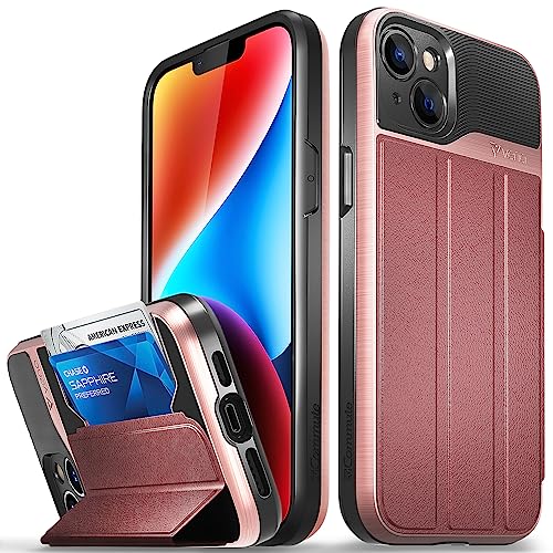 VENA vCommute Wallet Case für Apple iPhone 15 Plus / 14 Plus (6,7"), (Military Grade Drop Protection) Flip Leder Abdeckung Kartensteckplatz Halter mit Kickstand - Rose Gold/Red/Black von VENA