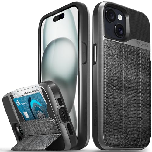 VENA vCommute Schutzhülle für iPhone 15, [Fallschutz in Militärqualität], Lederhülle, Kartenhalter mit Ständer, Schwarz Schiefer von VENA