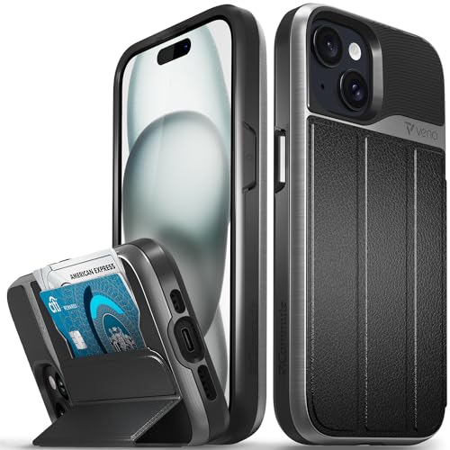 VENA vCommute Wallet Case kompatibel mit Apple iPhone 15 (6,1 Zoll), [Militärqualität] Fallschutz, Klapphülle aus Leder, Kartenschlitzhalter mit Ständer, Weltraumgrau/Schwarz von VENA