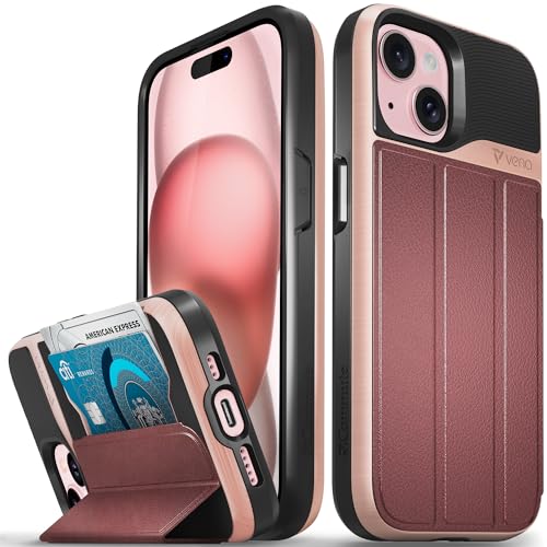 VENA vCommute Wallet Case kompatibel mit Apple iPhone 15 (6,1 Zoll), [Militärqualität Fallschutz] Flip Leder Cover Kartenfach Halter mit Kickstand – Roségold/Rot/Schwarz von VENA