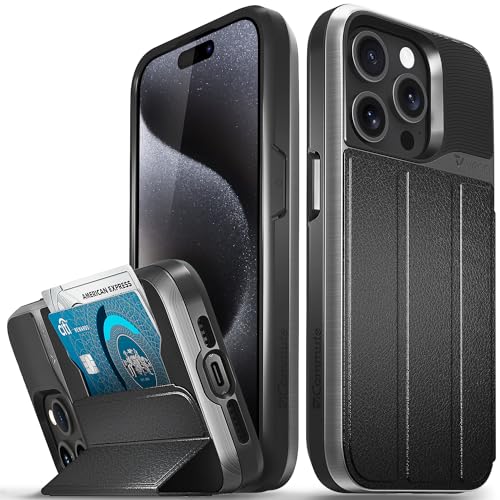 VENA vCommute Wallet Case kompatibel mit Apple iPhone 15 Pro (6,1 Zoll), (militärischer Fallschutz), Klapp-Lederhülle, Kartenschlitzhalter mit Ständer, Weltraumgrau/Schwarz von VENA