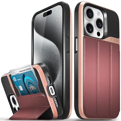 VENA vCommute Brieftaschen-Schutzhülle, kompatibel mit Apple iPhone 15 Pro (6,1 Zoll), Fallschutz in Militärqualität, Klapphülle, Leder, Kartenschlitz, Halter mit Ständer, Roségold/Rot von VENA