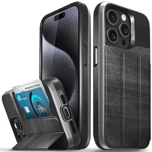 VENA vCommute Brieftaschen-Schutzhülle für Apple iPhone 15 Pro (6,1 Zoll), militärischer Fallschutz, Lederhülle, Kartenschlitz, Halter mit Ständer, Space Gray/Slate Black von VENA