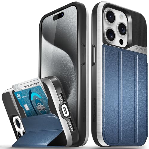 VENA vCommute Schutzhülle für Apple iPhone 15 Pro (6,1 Zoll), Militärqualität, Fallschutz, Leder-Klappetui mit Kartenschlitzen und Ständer, Silber/Blau von VENA
