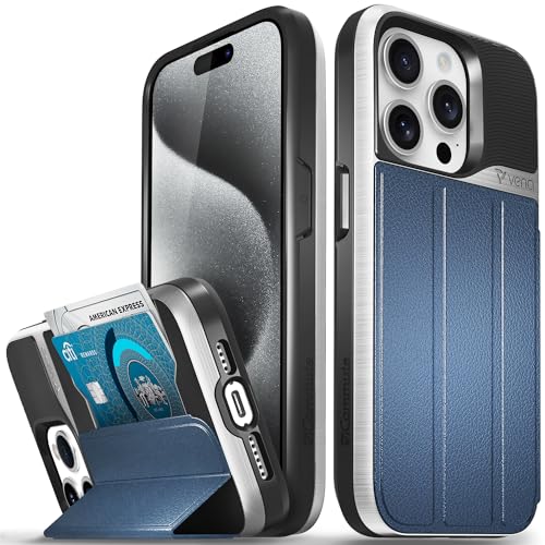 VENA vCommute Wallet Case kompatibel mit Apple iPhone 15 Pro (6,1 Zoll), [Militärqualität Fallschutz] Flip Leder Cover Kartenfach Halter mit Kickstand – Silber/Blau/Schwarz von VENA