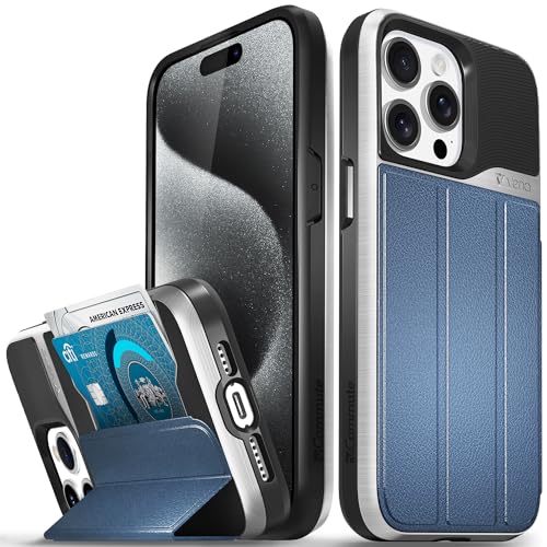 VENA vCommute Brieftaschen-Schutzhülle für Apple iPhone 15 Pro Max (6,7 Zoll), militärischer Fallschutz, Leder, Kartenschlitz, Halter mit Ständer, Silber/Blau von VENA