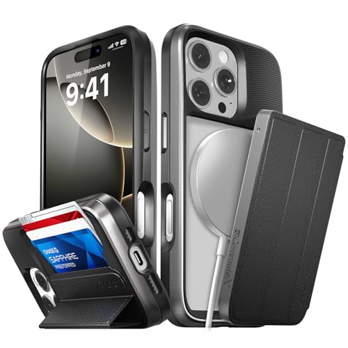 VENA vCommuteX Abnehmbare Brieftaschen-Schutzhülle für Apple iPhone 16 Pro (6,3 Zoll), (Magsafe-kompatibel, militärischer Fallschutz), Lederhülle, Kartenschlitz-Halter mit Ständer, Grau/Schwarz von VENA