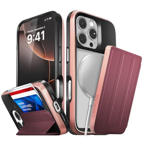 VENA vCommuteX Abnehmbare Brieftaschen-Schutzhülle für Apple iPhone 16 Pro (6,3 Zoll), (Magsafe-kompatibel, militärischer Fallschutz), Lederhülle, Kartenschlitz-Halter mit Ständer, Roségold/Rot von VENA