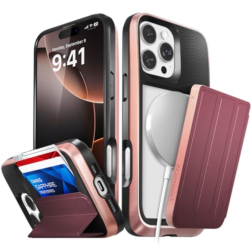 VENA vCommuteX Abnehmbare Brieftaschen-Schutzhülle für Apple iPhone 16 Pro Max (6,9 Zoll), (Magsafe-kompatibel, militärischer Fallschutz), Lederhülle, Kartenschlitz-Halter mit Ständer, Roségold/Rot von VENA