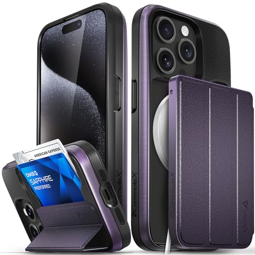 VENA vCommuteX Schutzhülle für iPhone 15 Pro (MagSafe-kompatibel), [Fallschutz in Militärqualität], abnehmbarer Lederschlitz, Kartenhalter mit Ständer, Violett von VENA