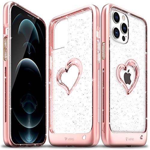 Vena vLove Glitzer Transparent Hülle Kompatibel Mit Apple iPhone 12 Pro Max (6.7"-inch), (Heart Shape, CornerGuard Protection) Bling Schutzhülle Dual Layer Bumper Klar Case Cover - Roségold von VENA