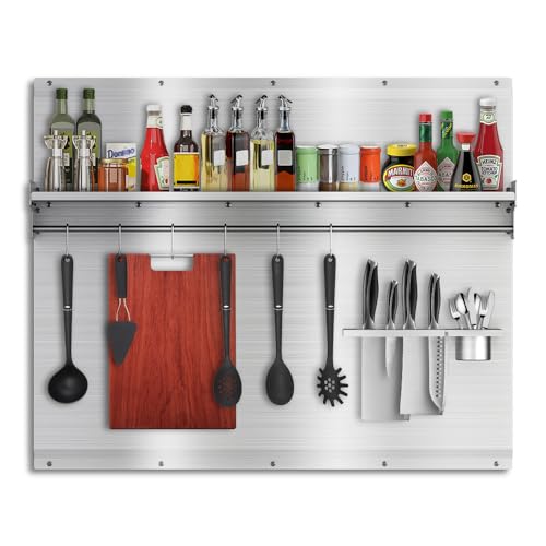 Range-Spritzschutz, 106,7 x 76,2 cm, Edelstahl, einfache Reinigung und Installation, mit Ablagefach und Hängeregal, Dunstabzugshaube, Edelstahl-Spritzschutz für Herd von VENFAN