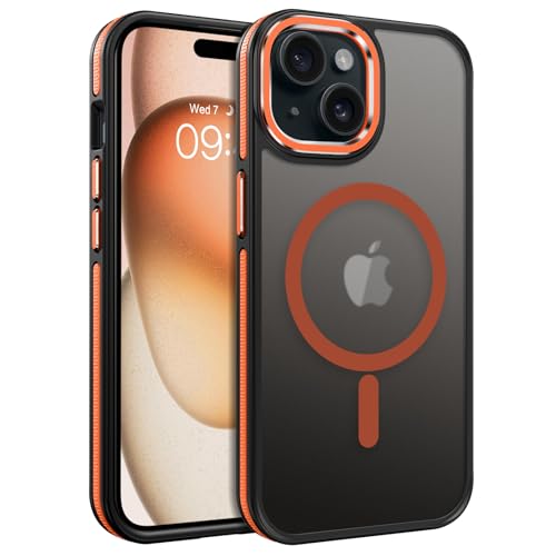 VENINGO Kompatibel mit iPhone 15 Hülle, magnetisch, matt, durchscheinend, rutschfest, Anti-Fingerabdruck, Stoßfänger, Handyhülle für iPhone 15, 15,5 cm (6,1 Zoll), Schwarz/Orange von VENINGO
