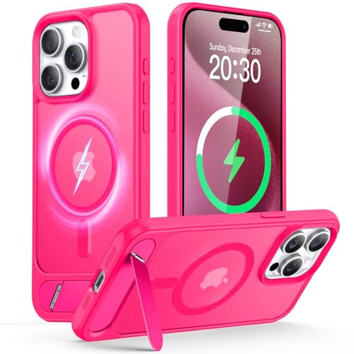 VENINGO Magnetische Schutzhülle für iPhone 15 Pro Max, 17 cm (6,7 Zoll), kompatibel mit Mag Safe, militärischer Schutz, mit integriertem Ständer, Hautgefühl, ultrastarke Magnete, Hot Pink von VENINGO