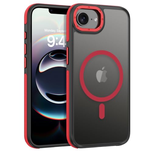 VENINGO Magnetische Schutzhülle für iPhone 16e, 15,5 cm (6,1 Zoll), kompatibel mit kabellosem Laden, matt, durchscheinend, stoßfest, mit seitlichen Griffstreifen, Rot von VENINGO