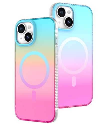 VENINGO Schutzhülle für iPhone 15 6,1 Zoll, schillernde Schutzhülle, kompatibel mit MagSafe, stoßfest, 360°-Schutz, Farbverlauf, Blau und Rosa von VENINGO