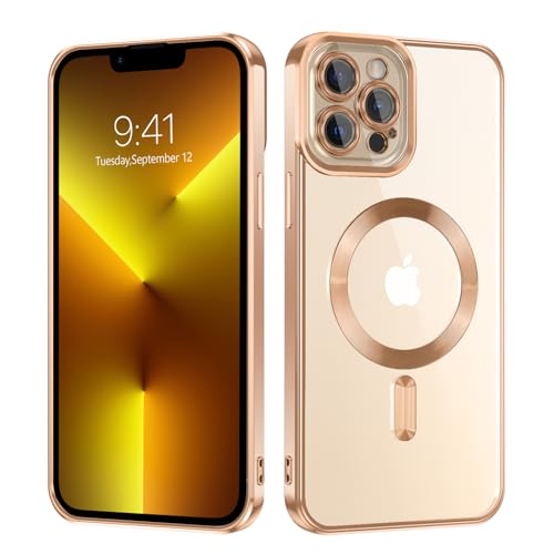 VENINGO iPhone 13 Pro Max Hülle 6.7'' Durchsichtig Klar Galvanisierte Magnetisch, Kameraschutz Vollständiger, Kompatibel mit MagSafe, Stoßfest Handyhülle, Weiche TPU Handyhülle, Gold von VENINGO