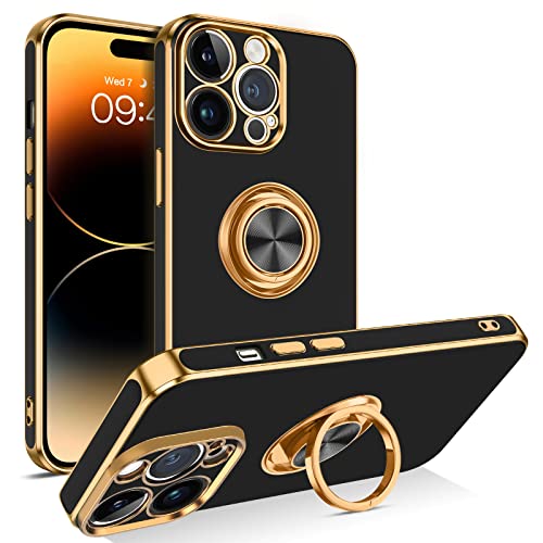 VENINGO iPhone 14 Pro Max Hülle mit 360 Grad Ring Ständer, Weiche TPU Stoßfest Schutzhülle Frauen Männer Handyhülle Cover für iPhone 14 Pro Max 6.7'',Schwarz/Gold von VENINGO