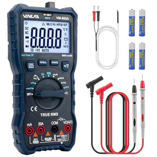 Multimeter mit 6000 Zählungen, True RMS Auto-Ranging Digital,VENLAB Strommessgerät Voltmeter, Misst genau Spannung Strom Widerstand Diode Durchgang, Mit LCD-Anzeige und faltbar Ständer. von VENLAB