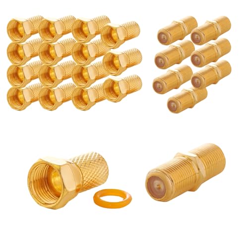 VENTON 16x F-Stecker 7mm mit 8x vergoldeten F-Verbindern: mit Gummidichtung und breiter Mutter - Ideal für SAT Kabel, BK Anlagen & Satelliten LNB - Komplettes F-Stecker und Verbinder Kit von VENTON