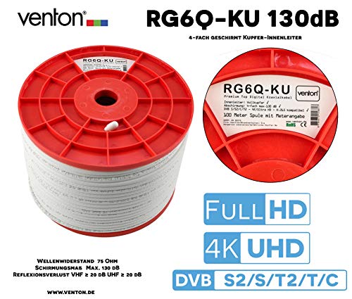 VENTON Koaxialkabel Kupfer Innenleiter 130 dB max. – 4-fach geschirmtes Sat Kabel Fernsehkabel Antennenkabel Satellitenkabel - DVB-S2/C/T2/BK Anlagen tauglich - Satellitenschüssel digital (300m) von VENTON