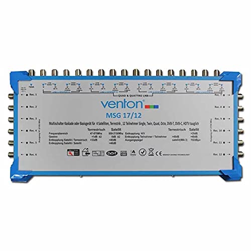 Venton Sat Multischalter 17/12 MSG I Multiswitch für bis zu 12 Teilnehmer I Sat-Verteiler 17 Eingänge 12 Ausgänge - UHD Full HD-TV 4K 3D I Empfang digitaler & terrestrischer Signale I inkl Netzteil von VENTON
