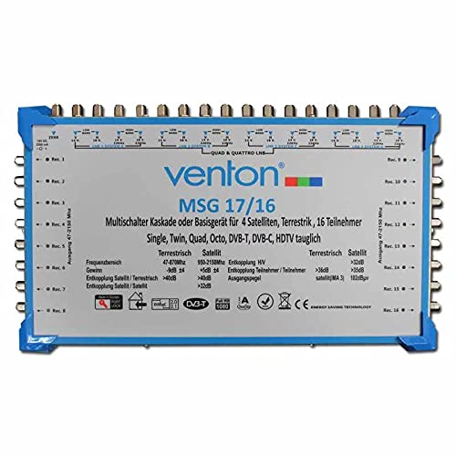 Venton Sat Multischalter 17/16 MSG I Multiswitch für bis zu 16 Teilnehmer I Sat-Verteiler 17 Eingänge 16 Ausgänge - UHD Full HD-TV 4K 3D I Empfang digitaler & terrestrischer Signale I inkl Netzteil von VENTON