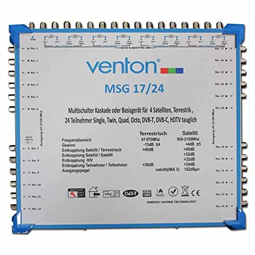 Venton Sat Multischalter 17/24 MSG I Multiswitch für bis zu 24 Teilnehmer I Sat-Verteiler 17 Eingänge 24 Ausgänge - UHD Full HD-TV 4K 3D I Empfang digitaler & terrestrischer Signale I inkl Netzteil Venton Sat Multischalter 17/24 MSG I Multiswitch für bis zu 24 Teilnehmer I Sat-Verteiler 17 Eingänge 24 Ausgänge - UHD Full HD-TV 4K 3D I Empfang digitaler & terrestrischer Signale I inkl Netzteil von VENTON