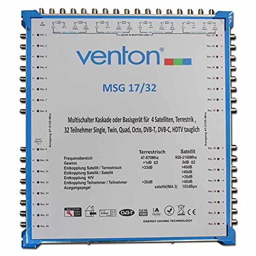 Venton Sat Multischalter 17/32 MSG I Multiswitch für bis zu 32 Teilnehmer I Sat-Verteiler 17 Eingänge 32 Ausgänge - UHD Full HD-TV 4K 3D I Empfang digitaler & terrestrischer Signale I inkl Netzteil von VENTON