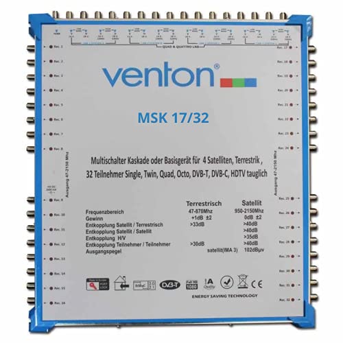 Venton Sat Multischalter 17/32 MSK I Multiswitch Kaskade für 32 Teilnehmer I Sat-Verteiler 17 Eingänge 32 Ausgänge - Full HD-TV 4K 3D I Empfang digitaler & terrestrischer Signale I inkl Netzteil von VENTON