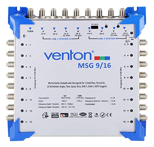 Venton Sat Multischalter 9/16 MSG I Multiswitch für bis zu 16 Teilnehmer I Sat-Verteiler 9 Eingänge 16 Ausgänge - UHD Full HD-TV 4K 3D I Empfang digitaler & terrestrischer Signale I inkl. Netzteil von VENTON