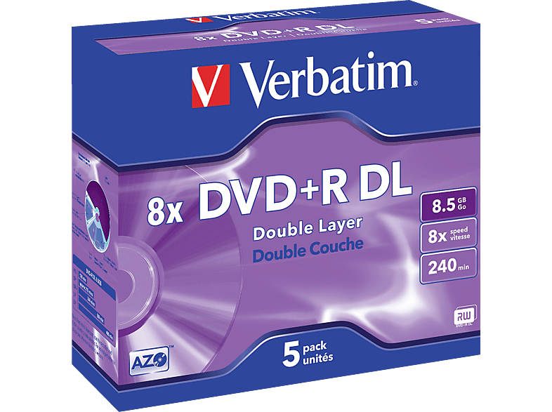 VERBATIM 43541 DVD+R Double Layer 8.5GB 8X 5PK Jewel Case Matt Silver Rohling von VERBATIM